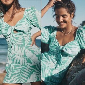 Billabong Mystic Beach Puff Sleeve Aqua Blue Green Mini Dress